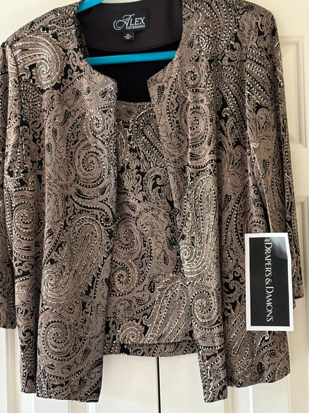 NWT Alex Evenings Women's 2 Piece Set Paisley Black & Stone  Gold Glitter Sz XL
